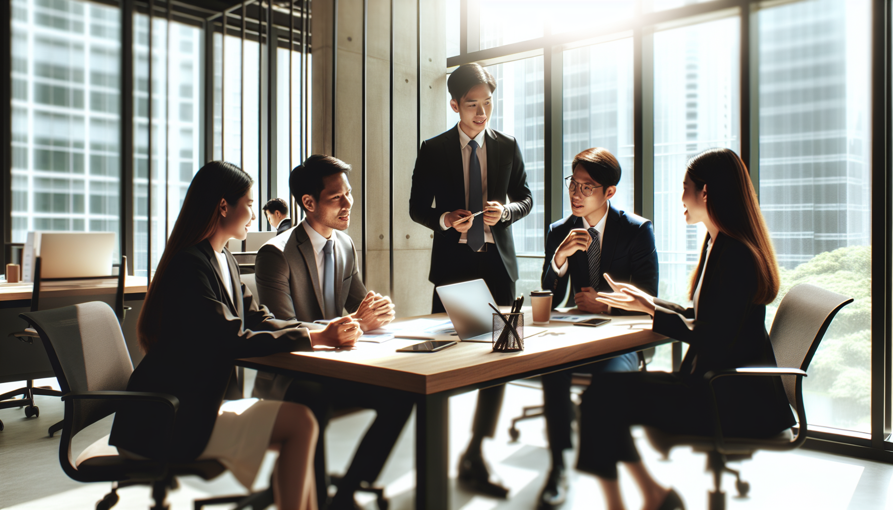 Buổi họp văn phòng sáng sủa với đồng nghiệp châu Á