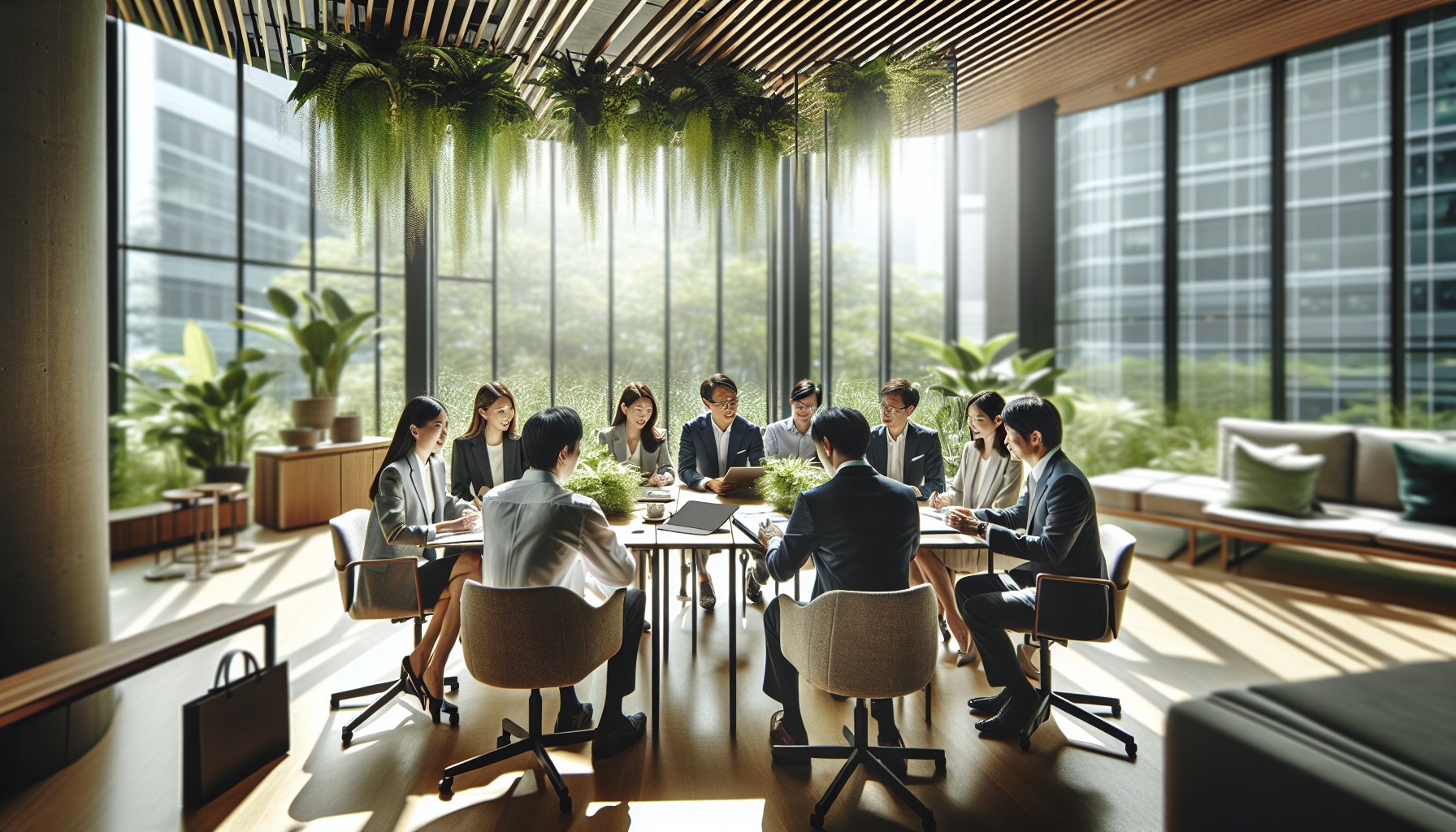 Cuộc họp kinh doanh xanh tại văn phòng hiện đại